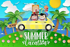 Summer character vector background design. Summer vacation text with kids characters ridig car in beach paper cut for fun.