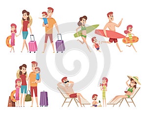 Summer characters. Family couple travellers with kids going to vacation at beach sea or ocean tropical nature vector