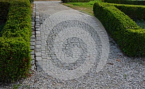 Summer chateau parterre with boxwood hedges honestly trimmed, around which the path leads along the path of beige compacted gravel