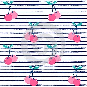Cute summer cherries seamless vector pattern illustration on blue and white striped background