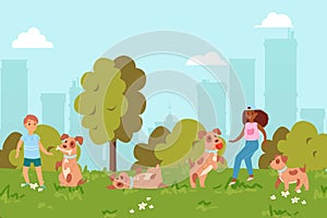 In summer, children play puppy in park, friendship, happy child and cheerful pet, design, cartoon style vector