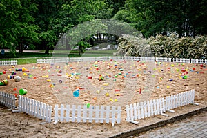 Summer Children`s Toys on the sand, large sand box