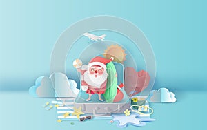 Summer Christmas season with suitcase concept.Santa Claus smile wearing beach suit travel swimming decoration.Holiday and vacation