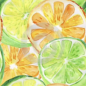 Summer Citrus background. Watercolor background.