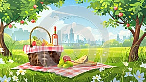 With a summer city park picnic basket placed on a picnic table and a bottle of wine sitting on a cloth, a cityscape is