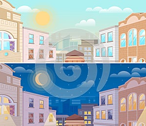 Summer cityscape day and night versions. Set of urban landscapes with sun and moon over buildings