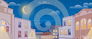 Summer cityscape night versions. Set of urban landscapes with sun and moon over buildings