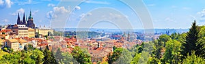 Summer cityscape, panorama, banner - view of the Hradcany historical district of Prague and castle complex Prague Castle