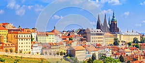 Summer cityscape, panorama, banner - view of the Hradcany historical district of Prague and castle complex Prague Castle