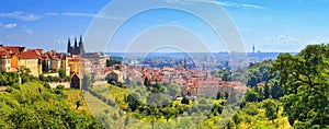 Summer cityscape, panorama, banner - view of the Hradcany historical district of Prague and castle complex Prague Castle