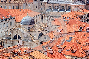 Summer cityscape - top view of the Church of St. Blaise and roofs of buildings in the Old Town of Dubrovnik