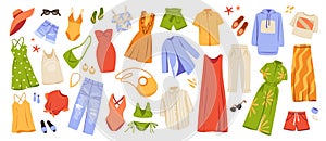 Summer cloth. Fashion garments. Casual dress, trousers and female bag. Cotton shirt and stylish bikini. Beach apparel