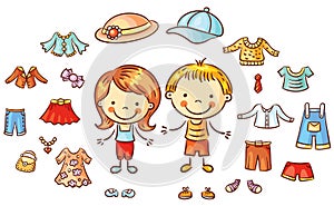 Summer clothes set for a boy and a girl, items can be put on