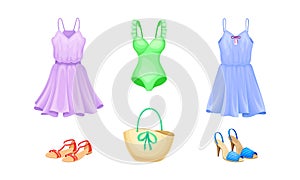 Summer Clothing with Light Dress Having Flared Skirt, Open Toe Shoes and Swimsuit Vector Set