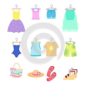 Summer clothing set isolated. Female and male clothes and accessories. Vector illustration