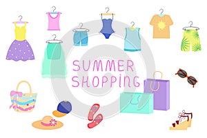 Summer clothing set isolated. Summer shopping text. Female and male clothes and accessories. Vector illustration