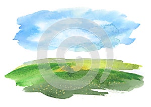 Summer cloud sky and meadow landscape . Abstract watercolor and acrylic flow blot smear painting. Color canvas texture background