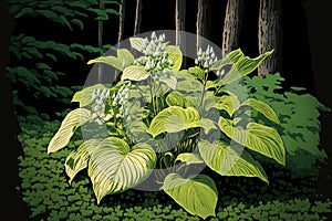 In the summer, a clump of August Moon Hostas bloom in Wisconsin, USA