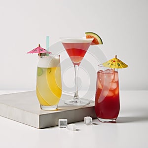 Summer cocktail arrangement displayed atop minimalist white backdrop with exposed concrete base photo