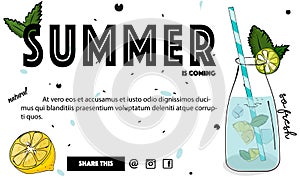 Summer cocktail banner. Tropical mint fresh drink. Cold juicy water in glass with lemon and ice . Freshness liquor