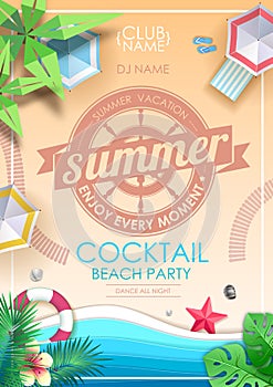 Summer cocktail beach party poster. Top view of tropic summer beach with ocean background. Paper cut out art design