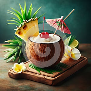 summer cocktail in coconut with pineapple, pina collada alcoholic or non-alcoholic at a party with tropical leaves in