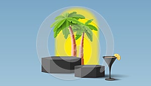 Summer cocktail disco party composition with 3D plastic cosmopolitan cocktail, palm trees and arch with sun. Oldschool