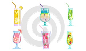 Summer cocktail drinks with fruits and ice cubes vector illustration