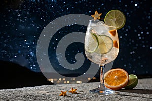 Summer cocktail with lime and oranges under starry sky