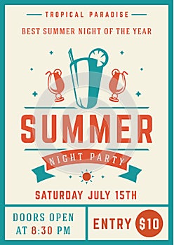 Summer cocktail night party entertainment vintage poster template vector flat illustration