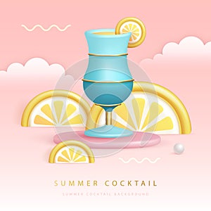 Summer cocktail party poster with 3D plastic blue lagoon cocktail and tropic fruits.