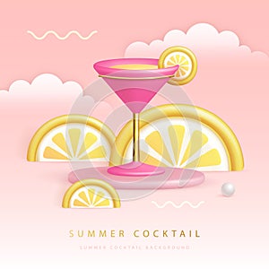 Summer cocktail party poster with 3D plastic cosmopolitan cocktail and tropic fruits.