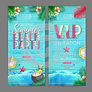 Summer cocktail party poster design. Disco party invitation design on wooden grunge background with tropic leaves