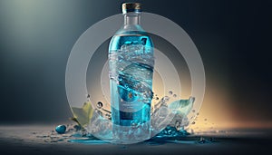 summer cocktail in a water splash bottle, light blue background, generative AI