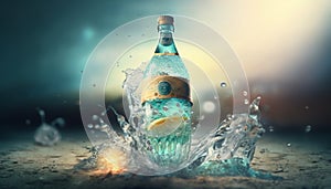 summer cocktail in a water splash bottle, light blue background, generative AI