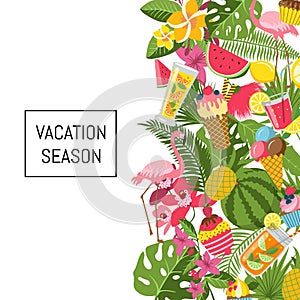 Summer cocktails, flamingo, palm leaves background with