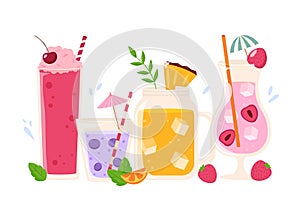 Summer cocktails in glasses with fruits and berries. Beach bar, cafe or nightclub drinks. Sweet alcohol drink, vector