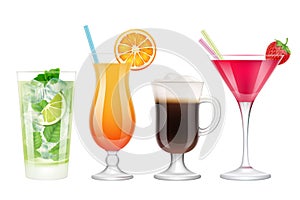 Summer cocktails realistic. Alcoholic drinks in glasses with ice tropical fruits irish coffee vodka margarita mojito