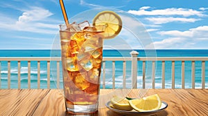 Summer cocktails, sea resort concept. Glass of iced tea. Long island cocktail on tropical beach