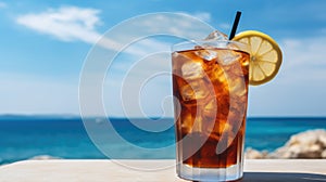 Summer cocktails, sea resort concept. Glass of iced tea. Long island cocktail on tropical beach