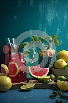 summer cold different lemonade in glass jars, from lemon, mint, against a blue background lime, generated by ai