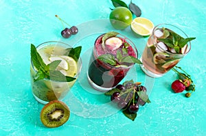 Summer cold drinks with fresh fruits, berries and mint.