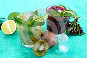 Summer cold drinks with fresh fruits, berries and mint.