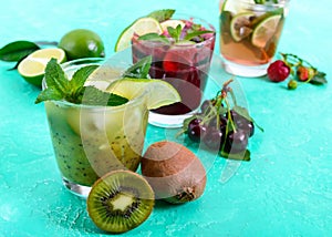 Summer cold drinks with fresh fruits, berries and mint