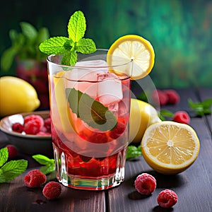 Summer cold fruit drink cocktail with raspberry, mint leaf and ice cubes,AI