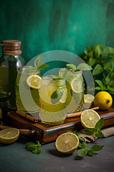 summer cold lemonade in carafes, against a green background lime, generated by ai