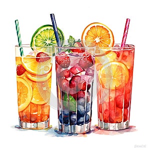 Summer cold lemonades in the cup. Set of fruit cocktails. Watercolor drawing. AI generated