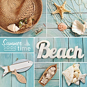 Summer collage with beach accessories on blue wooden board