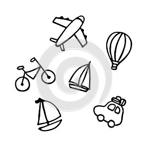 Summer collection. Hand drawn icon set with yacht, bicycle, baloon, car, plane. Sticker pack for print and digital.
