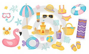 Summer collection. Sand castle, sun umbrella, life buoy, flamingos, ball, beach items and shells, mask with snorkel